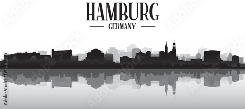 Black and white panoramic poster of the city skyline with misty background buildings and water reflection of HAMBURG, GERMANY