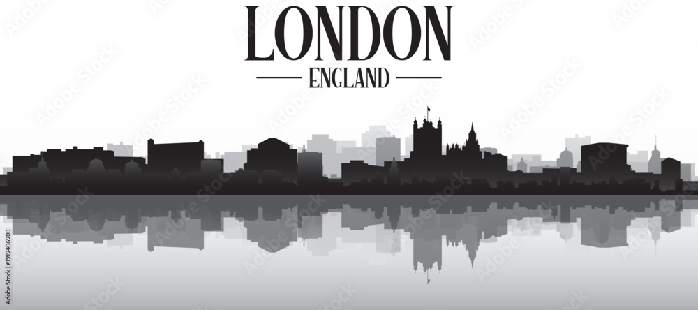 Fototapeta premium Black and white panoramic poster of the city skyline with misty background buildings and water reflection of LONDON, ENGLAND