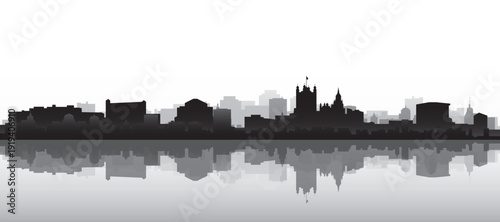 Black and white panoramic poster of the city skyline with misty background buildings and water reflection of LONDON, ENGLAND