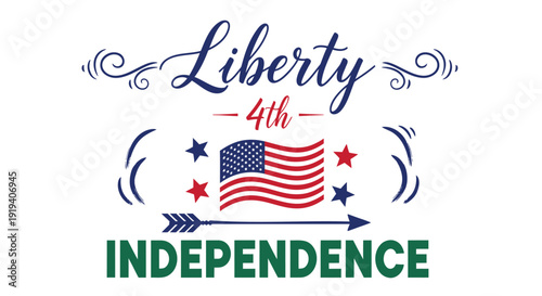 Patriotic 4th of July vector graphic. Includes American flag, stars, and arrow. Created in vintage style with red, white, and blue palette.