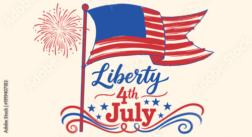 Patriotic 4th of July icon with American flag and fireworks, isolated on transparent background