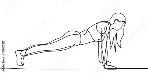 Continuous line drawing of a woman performing a plank exercise for fitness and core strength.