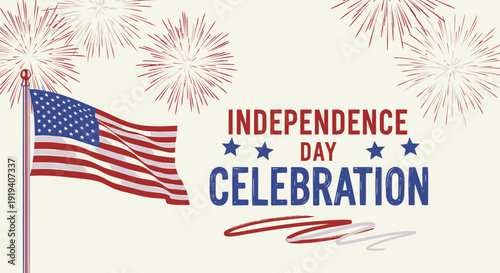 American Independence Day celebration icon with flag and fireworks. Includes patriotic symbols and festive elements. Created in colorful flat style with red, white, and blue palette.