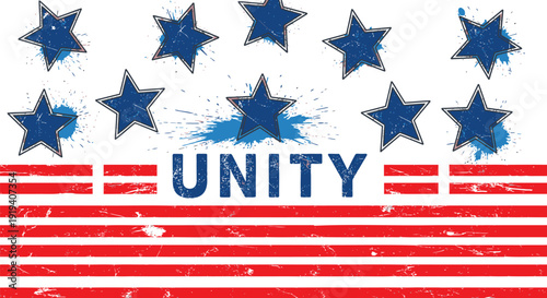 American flag vector with unity text, grungy stars and stripes design element.