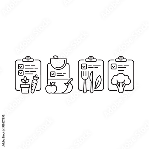 Healthy eating plan icons meal prep ingredients and balanced diet