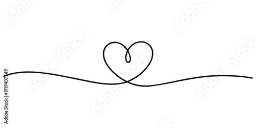 A heart and a sign of love in a continuous one line drawing. Single line drawing heart. Minimalistic vector illustration, Continuous black line drawing of a heart shape on a white background