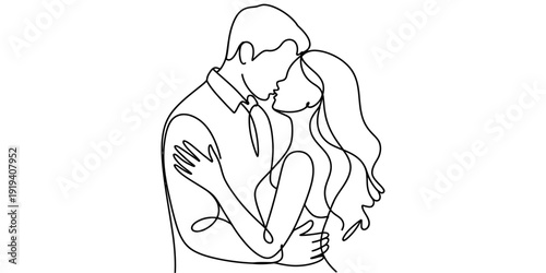 Romantic couple in a loving embrace and kissing in a continuous line art drawing style