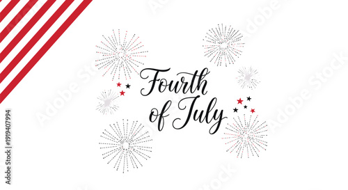 Patriotic Fourth of July icon set with fireworks. Includes independence day, USA celebration symbols. Created in vector style with red, white, and blue palette.