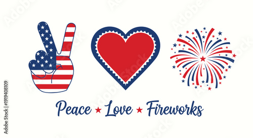 Patriotic icon collection. Includes peace sign, heart, fireworks. Created in colorful style with red, white, and blue palette.