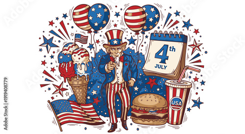 American Independence Day icon collection. Includes Uncle Sam, fireworks, ice cream, burger, soda, and patriotic symbols. Created in colorful illustration with red, white, and blue palette.