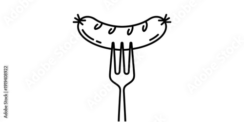 A simple black and white line drawing of a grilled sausage held by a three-pronged fork.