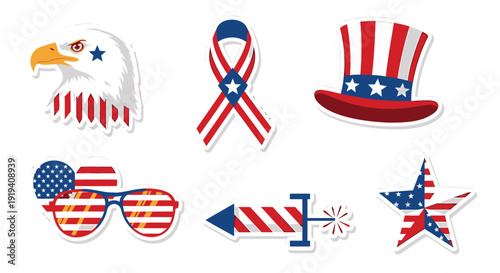 American patriotic icon collection. Includes eagle, ribbon, top hat, sunglasses, firework, and star. Created in flat style with red, white, and blue palette.