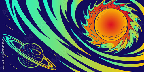 Colorful abstract solar system with vibrant waves and swirling sun illustration