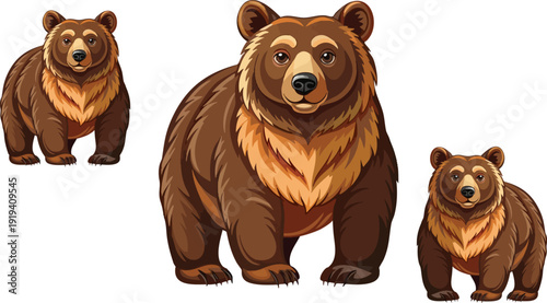 Majestic brown bear family portrait illustration featuring a large adult bear standing prominently alongside two smaller bears showcasing detailed fur and powerful wildlife representation perfect for 
