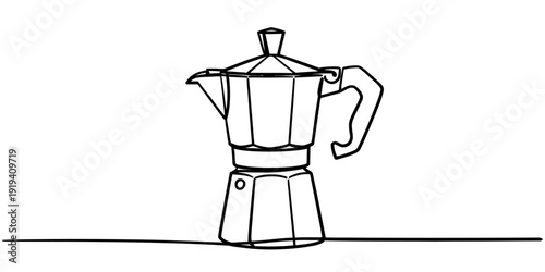 Simple black and white line drawing of a classic italian moka pot coffee maker on a white background.