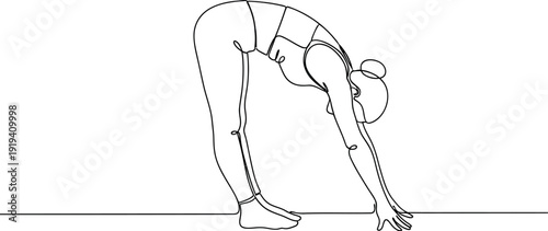 Minimalist continuous line drawing depicts a woman performing a standing forward bend yoga posture demonstrating hamstring and back flexibility exercises in a simple style.