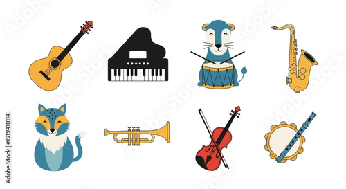 Cartoon musical instruments and animals