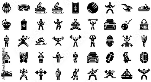 Collection of black simple icons depicting various sports and fitness activities for design and digital media use