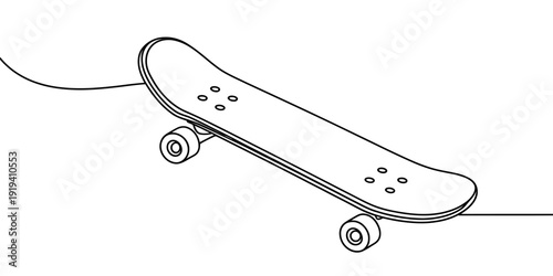Single line drawing of a modern skateboard showing its deck and wheels from a side angle
