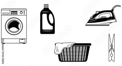 Laundry essentials including washing machine detergent iron and laundry basket for cleaning and organizing clothes effectively every day.
