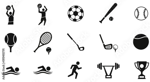 Sports icons set showcasing various athletic activities including team sports and individual fitness pursuits in simple black and white design for versatile use