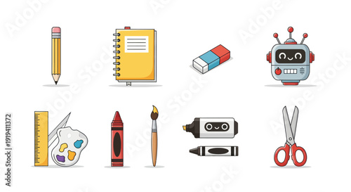 Cartoon school supplies set on white