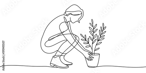 Minimalist continuous line drawing of a woman crouching to take care of a potted plant.