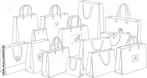 Collection of various sized luxury shopping bags featuring decorative logos and handles perfect for retail or holiday purchase illustrations