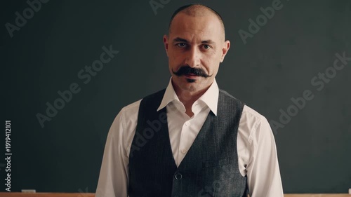 A professional mid-adult male professor in a vest and white shirt gestures with his hand while standing in front of a dark chalkboard. This 3D render is ideal for academic, teaching, and higher educat