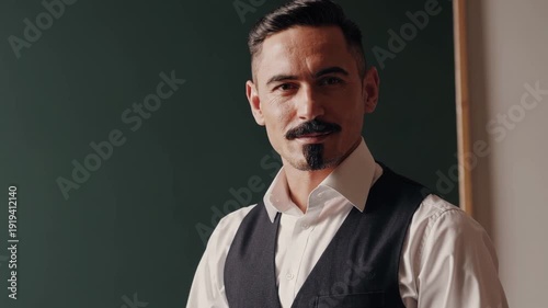 A professional mid-adult male professor in a vest and white shirt gestures with his hand while standing in front of a dark chalkboard. This 3D render is ideal for academic, teaching, and higher educat