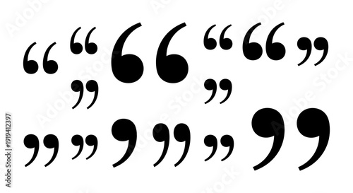Arrangement of black quotation marks in varying sizes and orientations