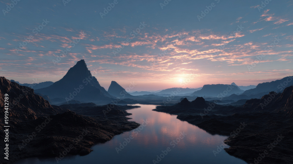 Obraz premium Sunset over serene mountain river surrounded by jagged peaks and misty valleys