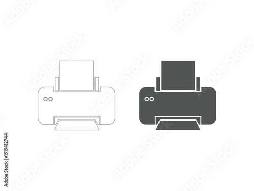 Printer icons: outline and solid fill, representing printing, document output, office equipment, and technology. Clean vector set.