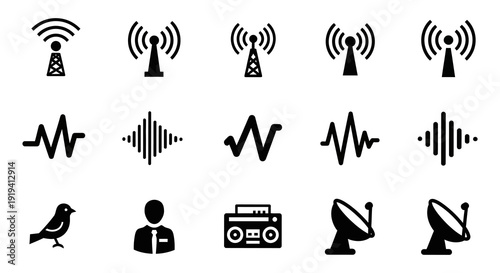 Black icons depicting cellular towers radio waves and communication devices