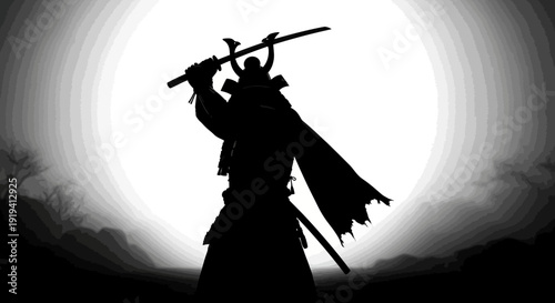 Dramatic Samurai Warrior Silhouette with Katana Sword Against Luminous Backlight in Dark Misty Landscape