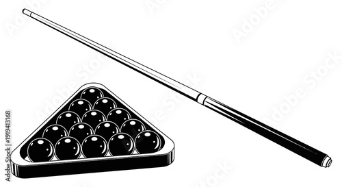 Billiard rack and cue stick illustration in a black and white style