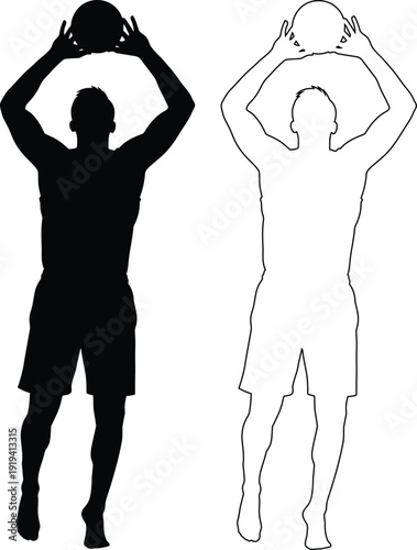 Two silhouettes demonstrating proper basketball shooting form with a ball overhead.