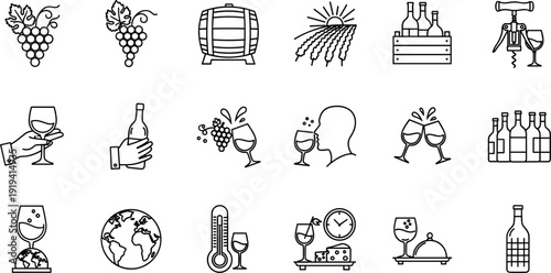 Wine production and tasting line icon set vineyard barrel grapes bottles glasses sommelier symbols collection isolated on white