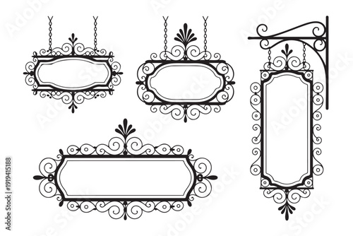 Collection of ornate vintage frames and signs, decorative scrolled borders, hanging signs for business or home decor