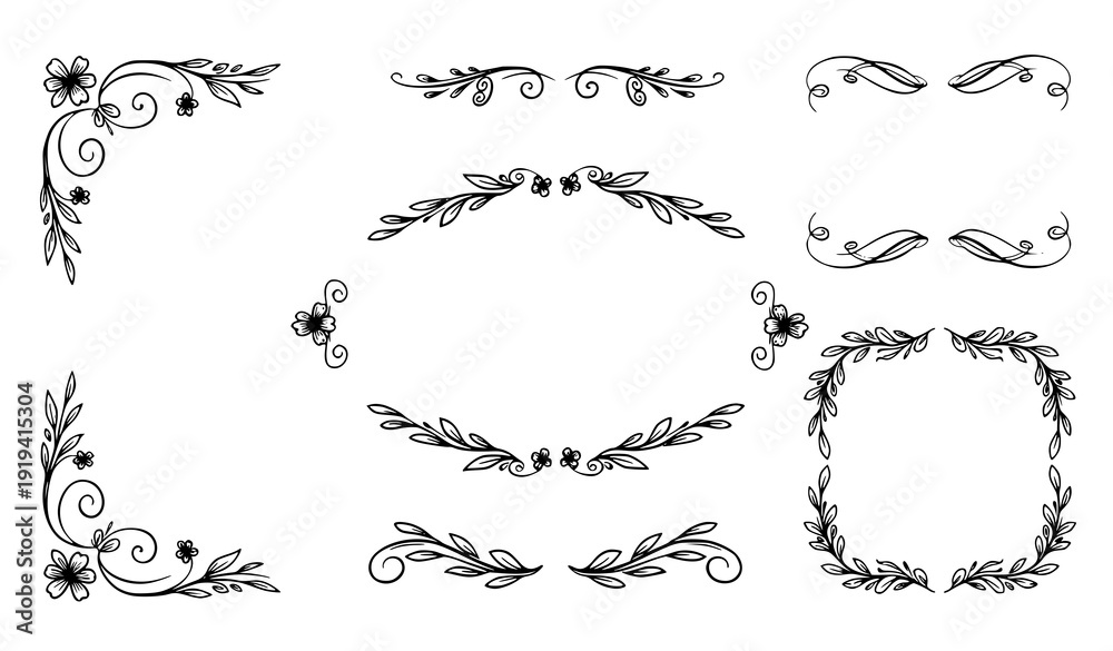 Obraz premium Elegant Brush Pen Corner Vector Illustration with Floral Flourish for Wedding Design