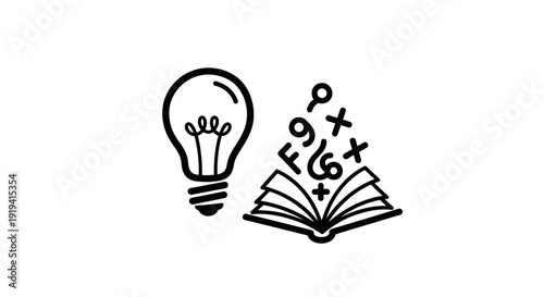 Simple black and white illustration of a lightbulb and an open book with mathematical symbols.
