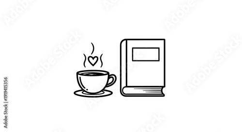 Simple line drawing of a coffee cup and coffee machine.