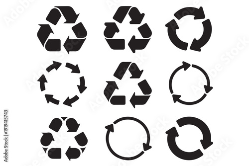 Recycle black vector icons set isolated on transparent background garbage utilization process arrows ecology waste management symbols