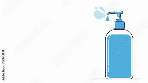 Sanitizer minimal design pump bottle dispensing blue liquid on white background. Clean hand sanitizer minimal design for hygiene and germ protection.