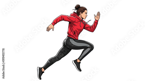 Athletic Woman Running Fast in Red Hoodie and Black Leggings.