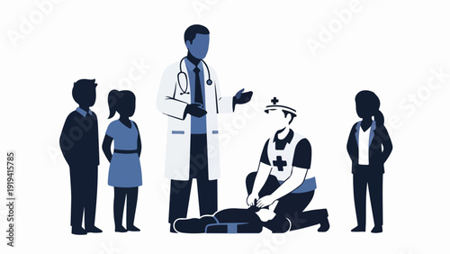 Educational scene featuring five African silhouettes, doctor and first responder demonstrate CPR technique. Medical training class with five African silhouettes observing emergency procedure,