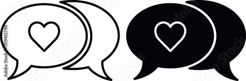 Chat bubble with heart icon set featuring outline and solid black love message symbols isolated on white background