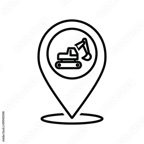 Heavy machinery icon inside a location pin graphic symbolizes a specific industrial project area or a geographical point of interest for excavation work.
