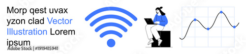 Remote work, internet connectivity, technology, data analysis, wireless communication, online services. wireless signal, woman with laptop line graph. Remote work and internet connectivity concept