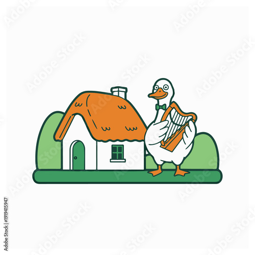 Cartoon illustration of a house with a dog in a village landscape